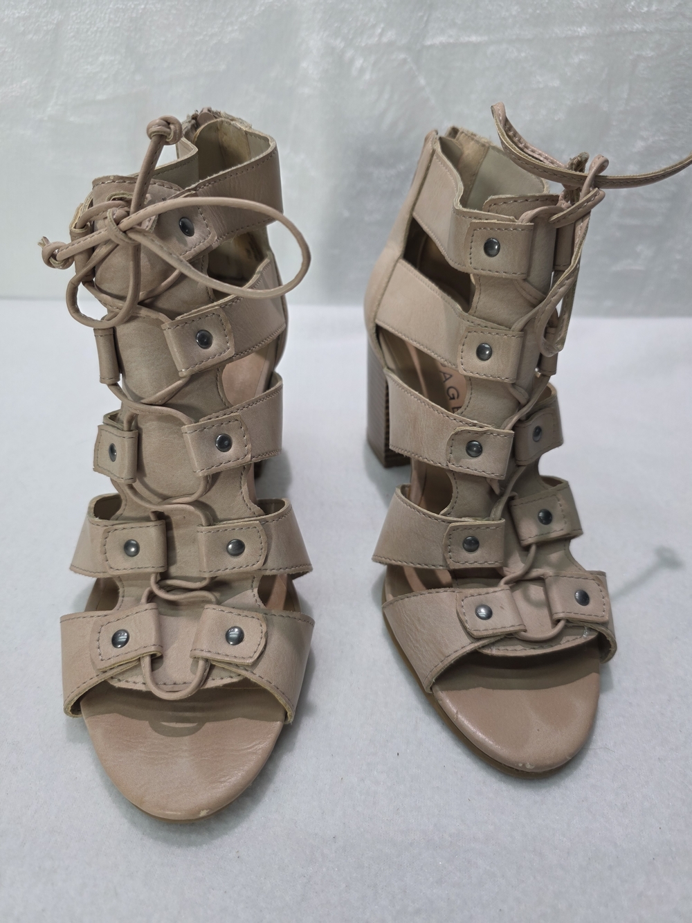 Rampage Beige Lace-Up Strappy Block Heel Sandals - Picture 2 of 7